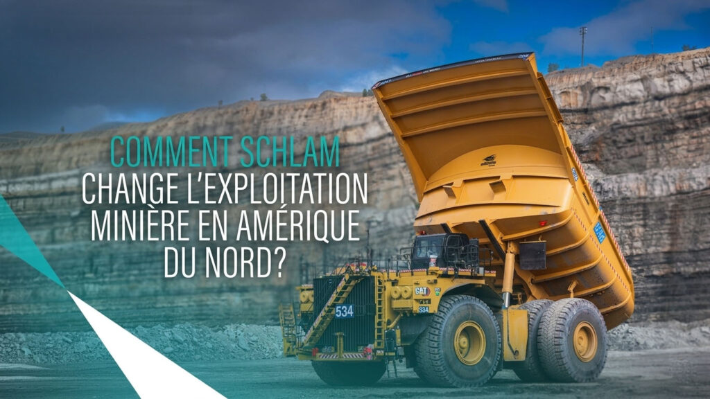 Benne de camion minier Schlam Hercules soulevée dans les airs. Le texte dit : Comment Schlam transforme l'exploitation minière en Amérique du Nord