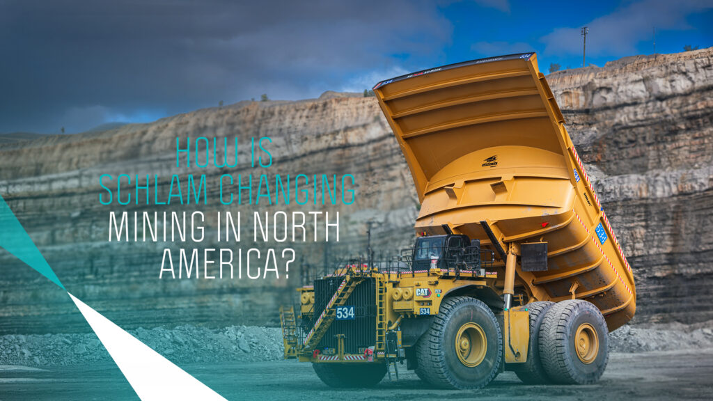 Schlam Hercules mining truck bed being lifted into the sky. Text reads How is Schlam Changing Mining in North America